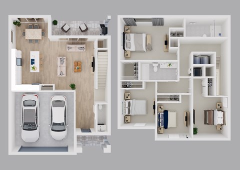 A floor plan of a house with two car parking spaces.